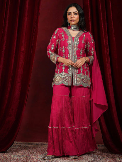 Dhiyona LL Floral Embroidered Notch Neck Zari Straight Kurti With Sharara And Dupatta