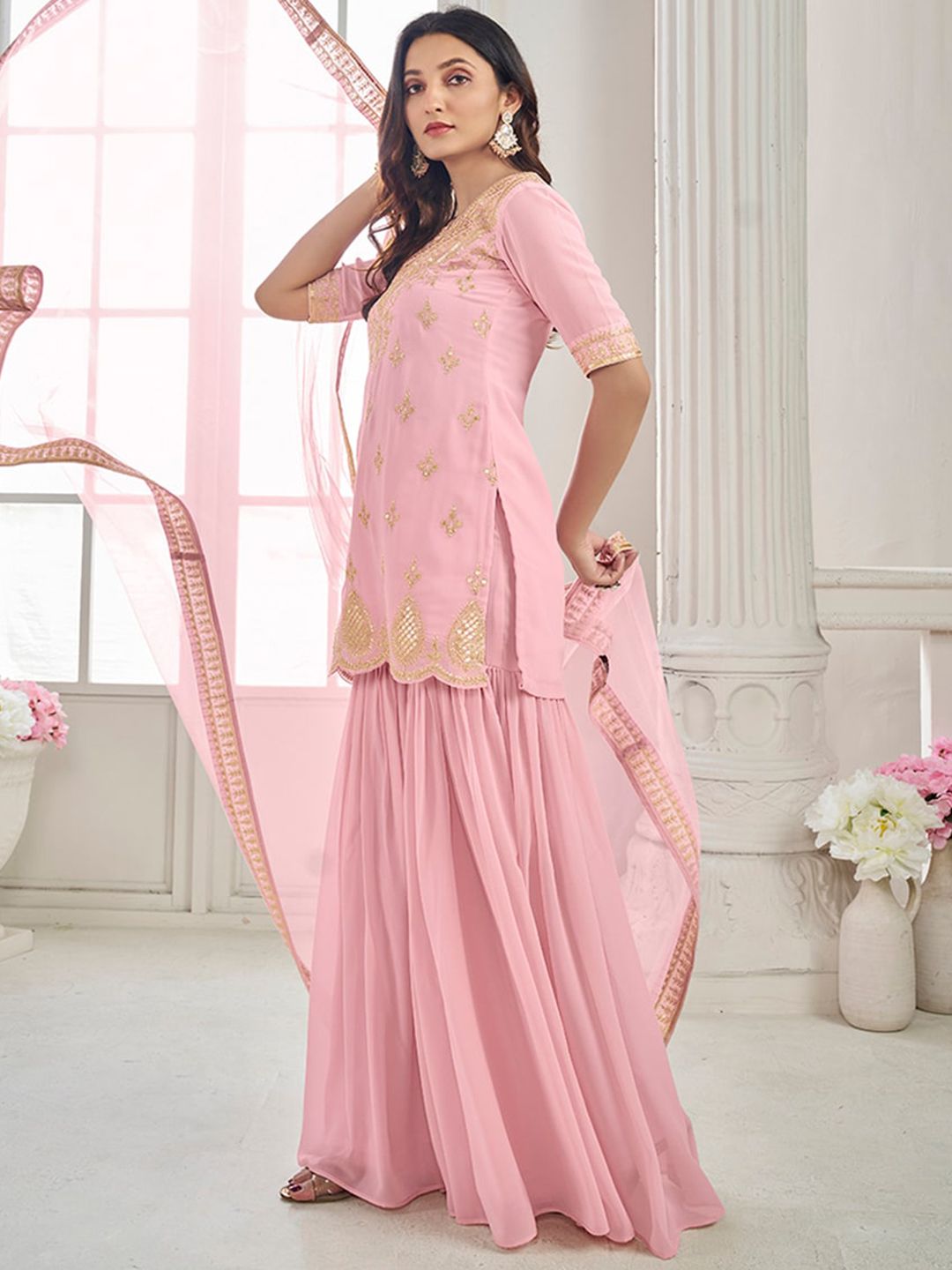 Dhiyona IN Ethnic Motifs Embroidered Regular Thread Work Kurti With Sharara & Dupatta