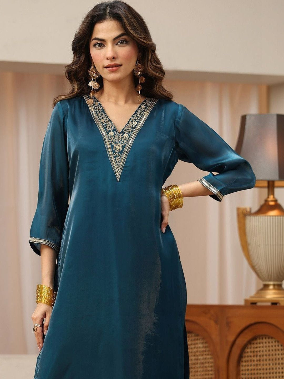 Libas Blue Yoke Design Tissue Straight Suit Set