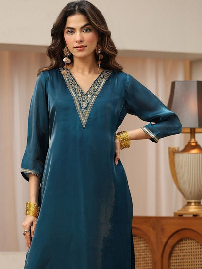Libas Blue Yoke Design Tissue Straight Suit Set
