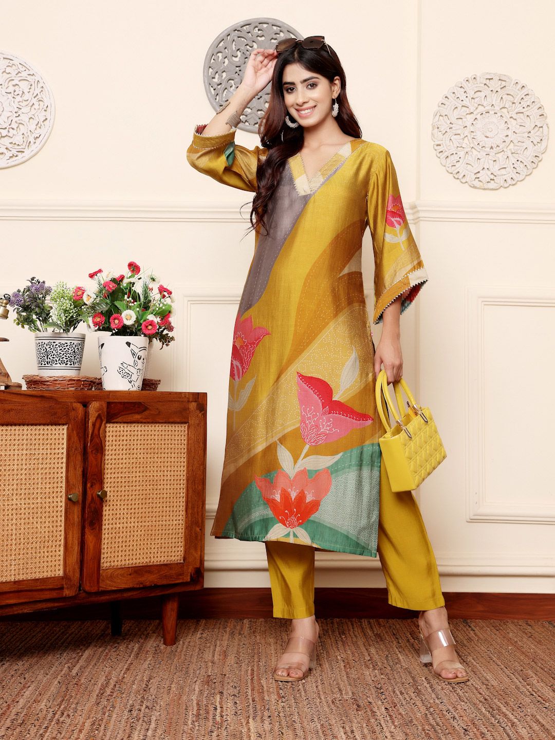 Mustard Quirky Printed V-Neck Chanderi Silk Straight Kurta With Trousers