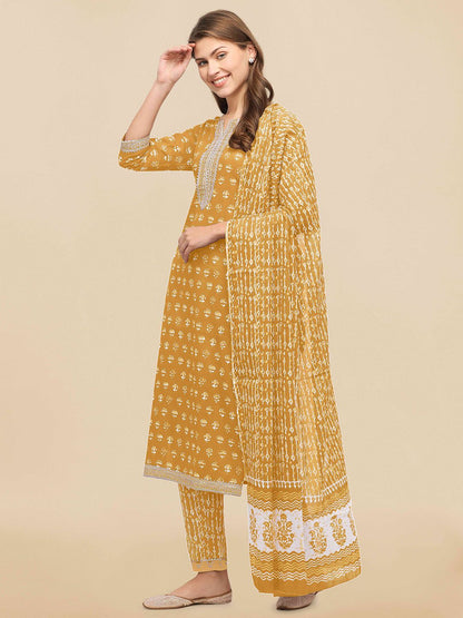 Dhiyona KL Women Mustard Yellow Kurta with Palazzos & With Dupatta