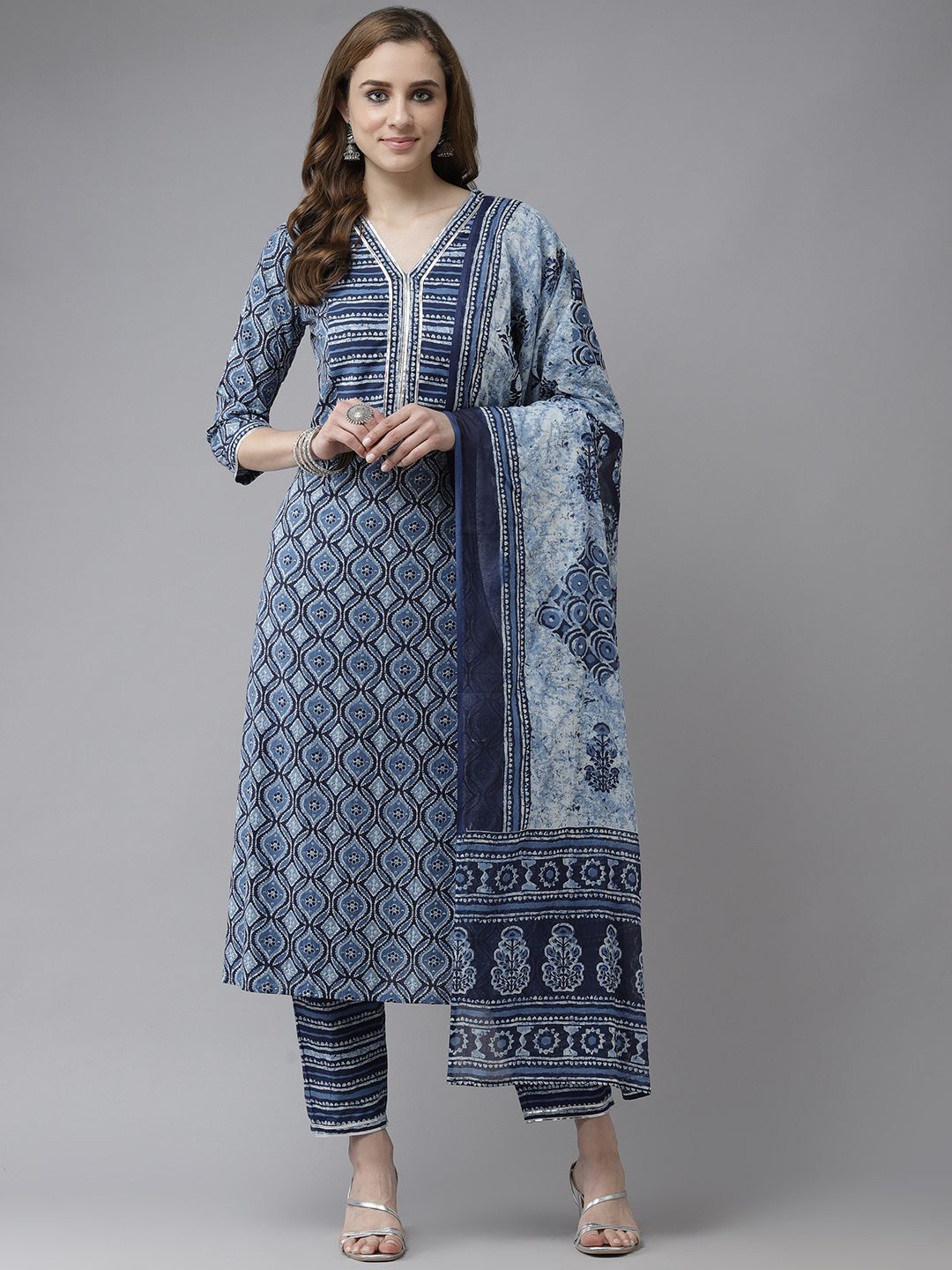 Dhiyona IE Blue & White Ethnic Print Gotta Patti A-line Kurta Trousers & Dupatta
