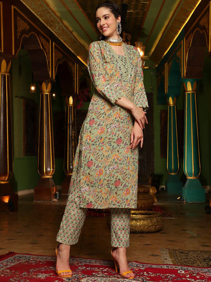 Floral Printed Pure Cotton Straight Kurta With Trouser & Dupatta