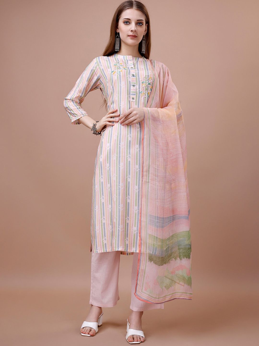 Dhiyona IS Women's Striped Band Collar Thread Work Straight Kurta & Trousers With Dupatta