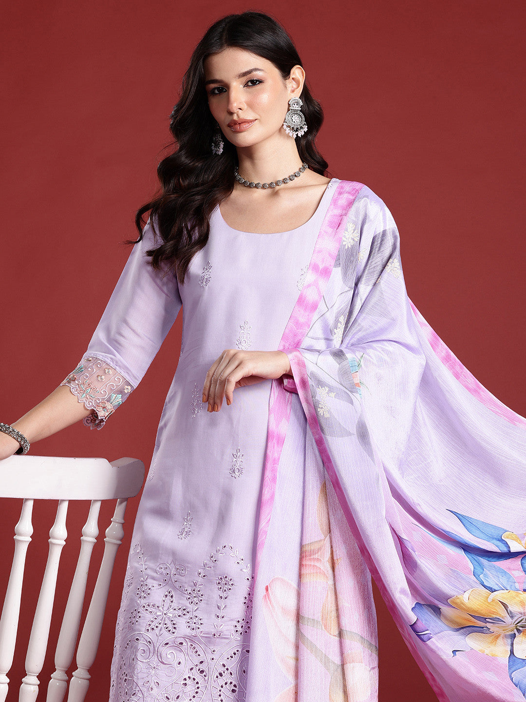 Floral Embroidered Thread Work Kurta with Trousers & Dupatta
