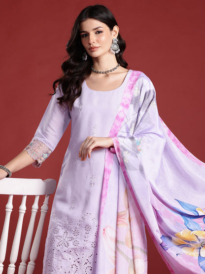 Floral Embroidered Thread Work Kurta with Trousers & Dupatta
