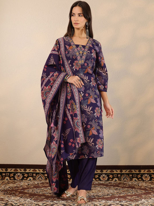 Floral Printed V-Neck Straight Kurta With Trousers & Dupatta