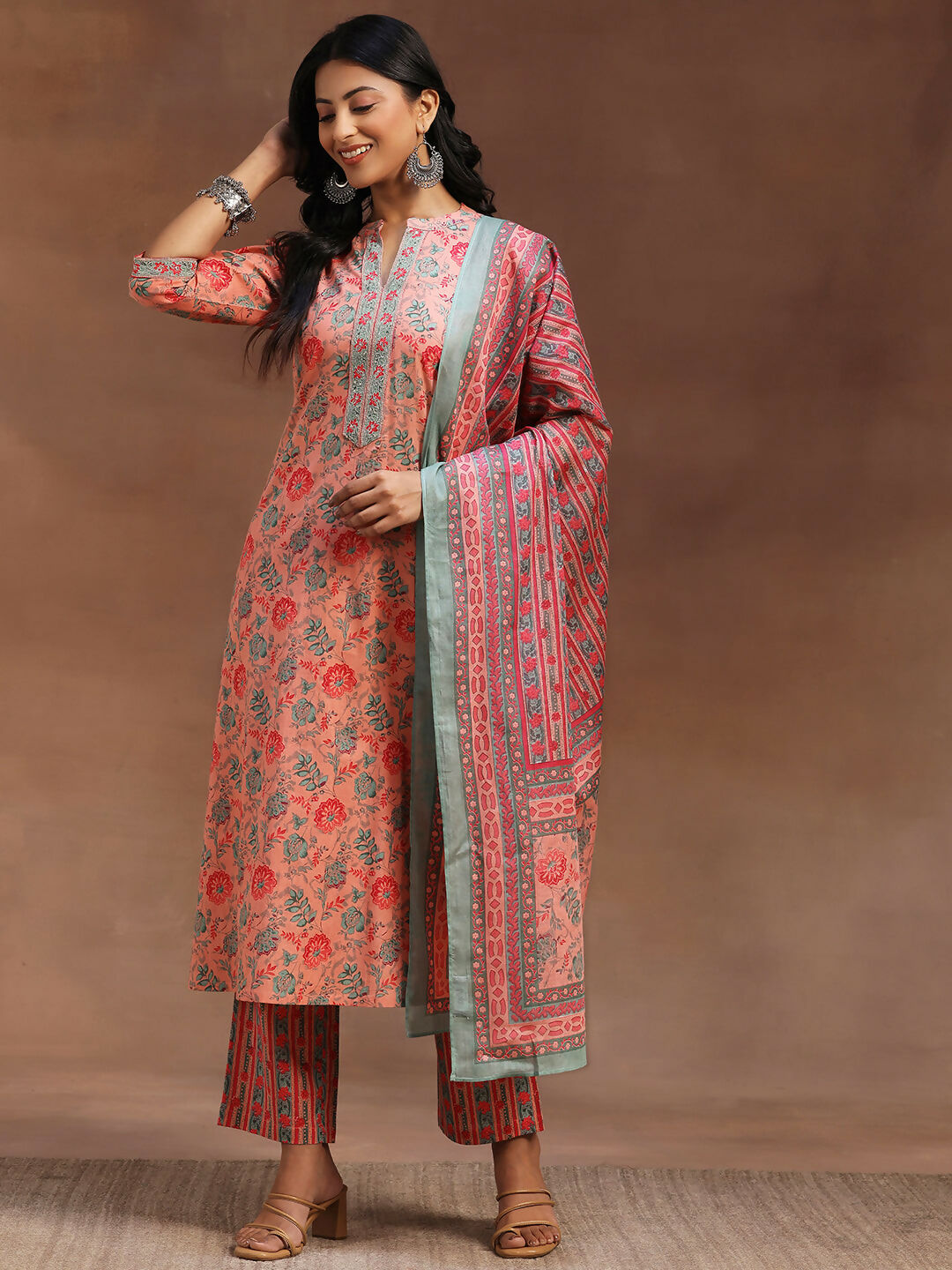 Women's LB Peach Printed Cotton A-line Kurta With Trousers & Dupatta