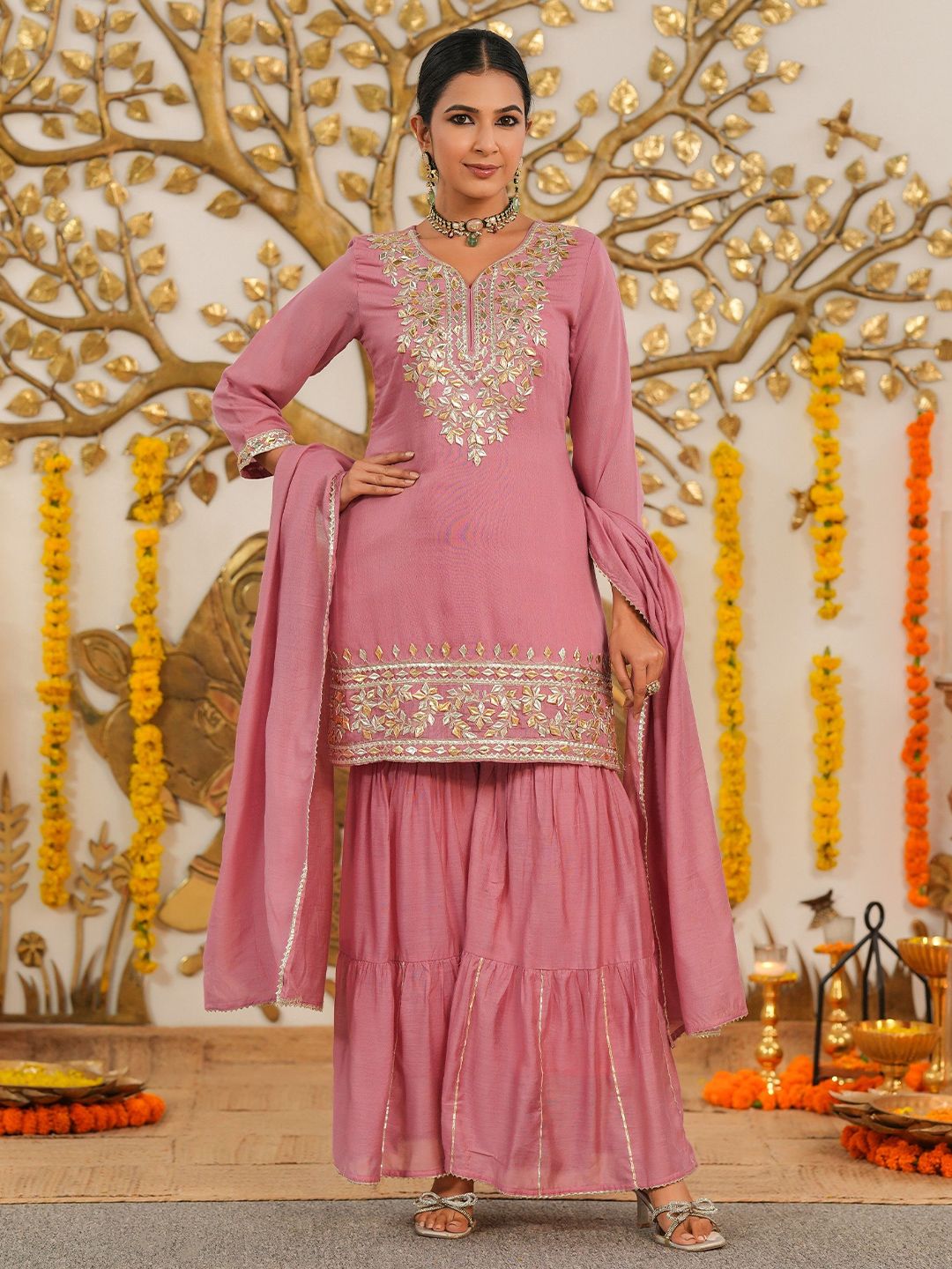 Dhiyona SC Women Mauve Mul Chanderi Gota Work Sharara Set