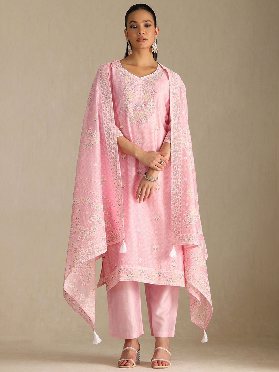 Dhiyona SO Women's Floral Printed Thread Work Chanderi Cotton Straight Kurta with Palazzos & Dupatta