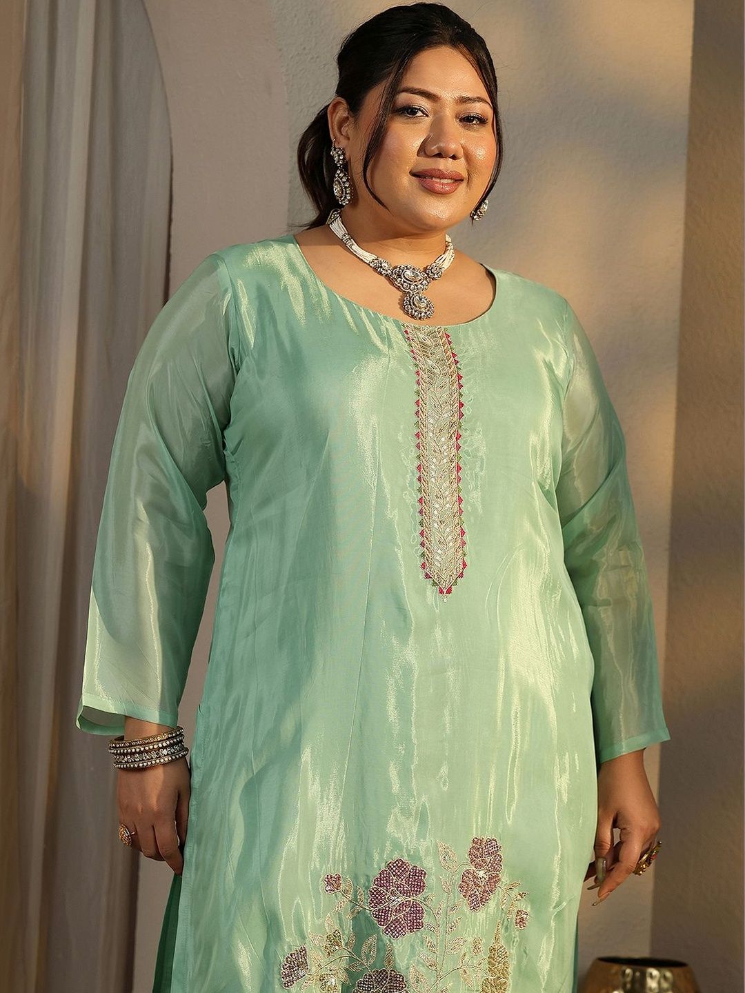 Dhiyona Women's Plus Size Floral Embroidered Kurta with Trousers & Dupatta