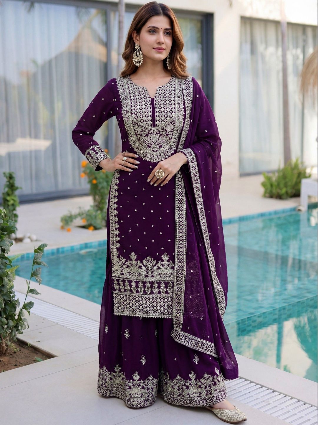 Dhiyona SN Embroidered Round Neck Straight Kurta & Sharara With Dupatta