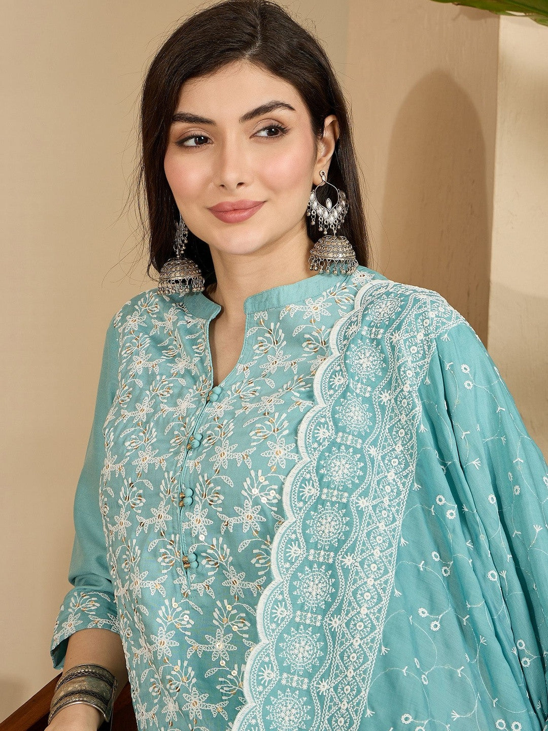 Women Ethnic Motifs Embroidered Thread Work Kurta with Trousers & Dupatta
