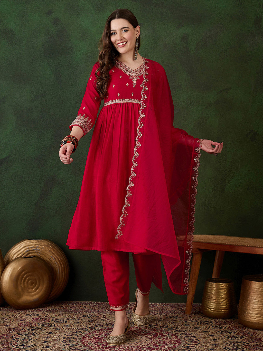 Floral Embroidered Pure Cotton Straight Kurta With Trouser & Dupatta
