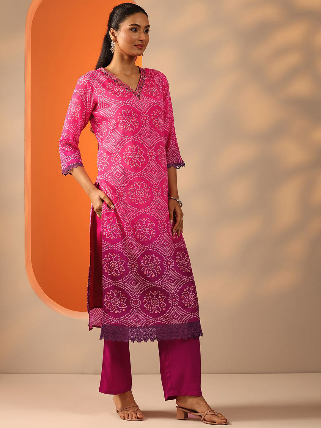 Bandhani Printed V-Neck Sequinned Straight Kurta With Trouser And Dupatta