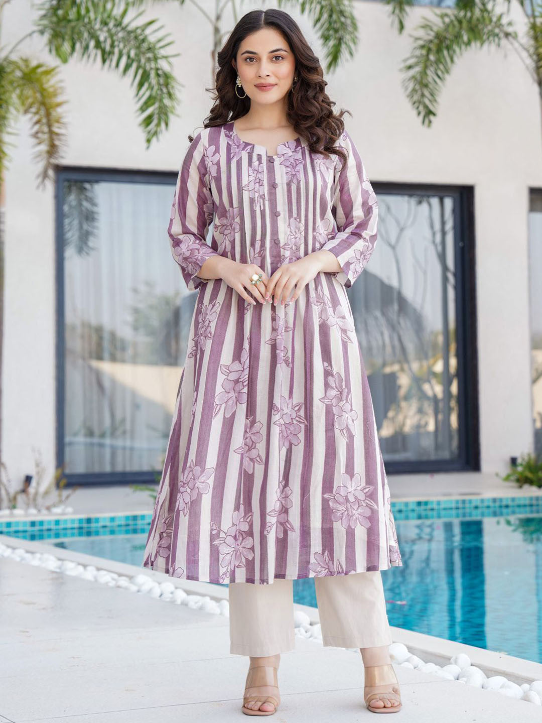 Floral Printed Notch Neck Pure Cotton A-Line Kurta With Trousers
