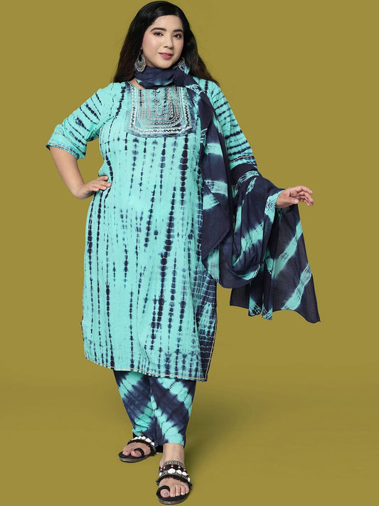 Dhiyona KL Plus Women Dyed Sequinned Kurta with Trousers & Dupatta