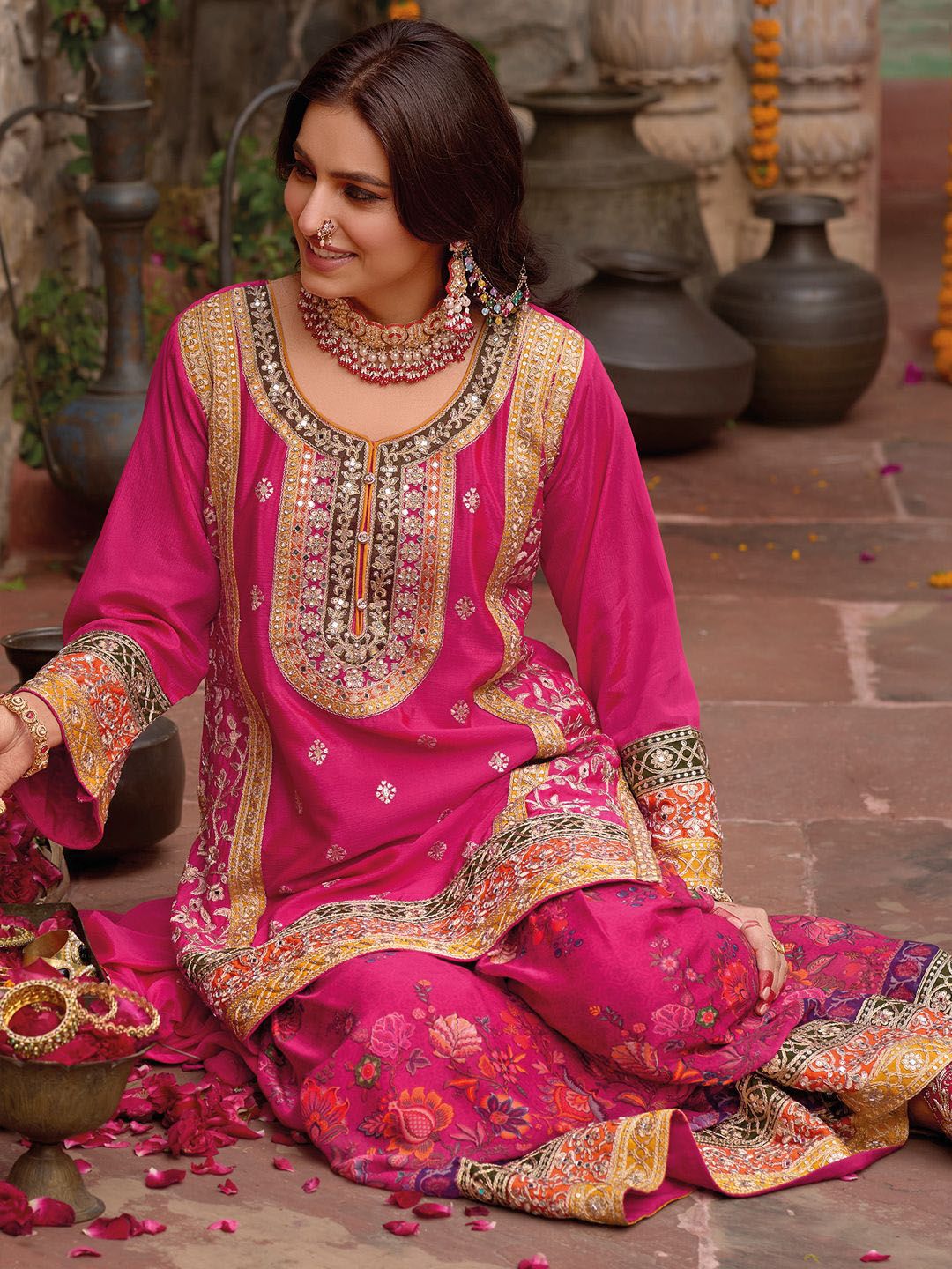 Dhiyona IE Floral Embroidered Sequinned Chinon Straight Kurta With Sharara & Dupatta