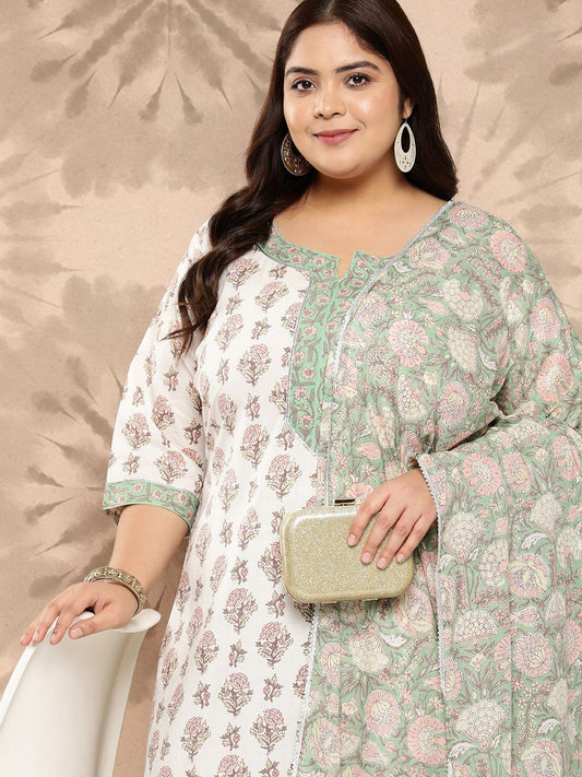 Dhiyona Women's Plus Size Printed Gotta Patti Cotton Kurta with Salwar & Dupatta
