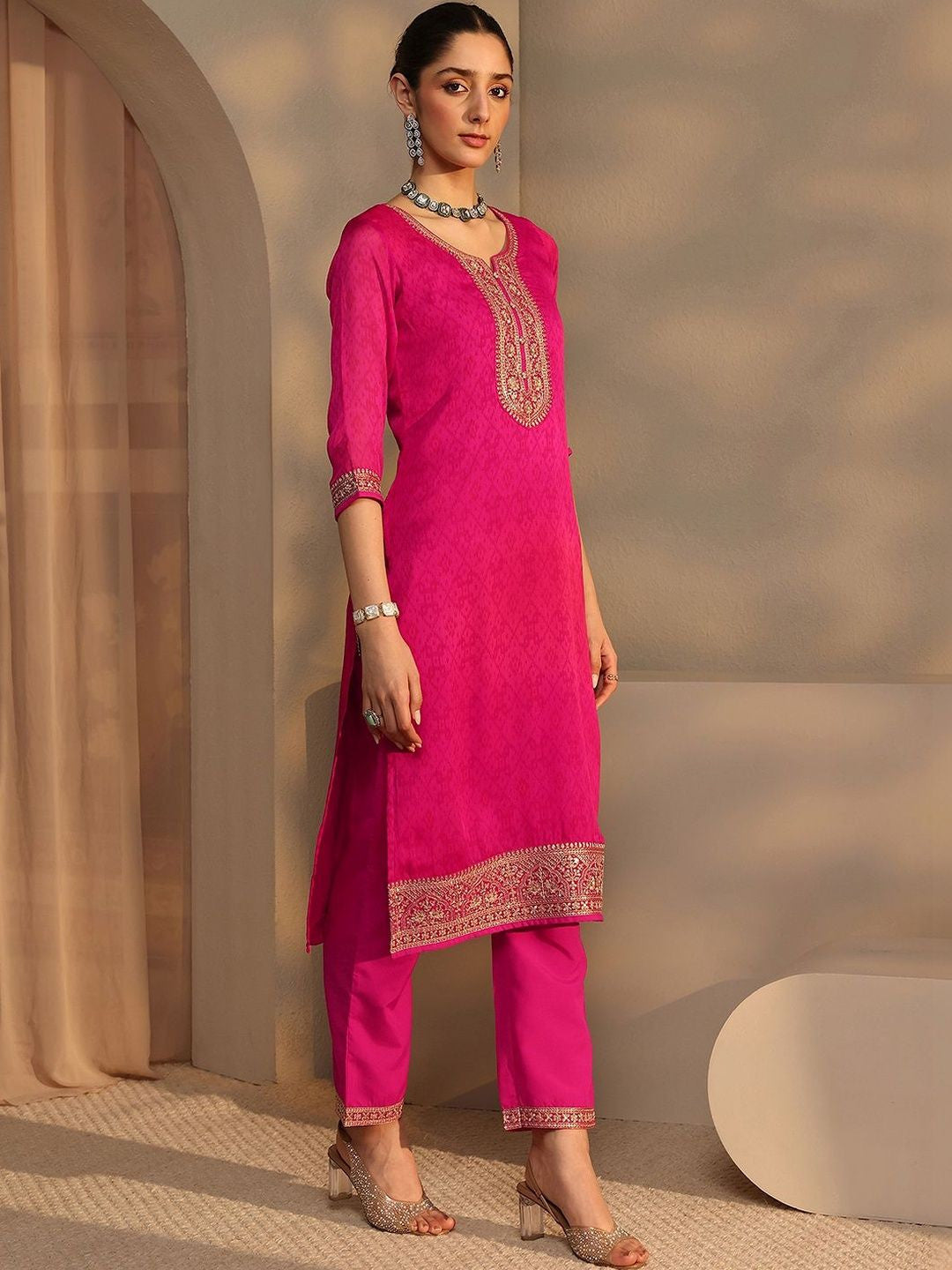 Women Ethnic Motifs Regular Thread Work Silk Chiffon Kurta with Trousers & With Dupatta