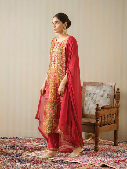 Dhiyona IS Women's Bandhani Printed Sequinned Round Neck Pure Silk Kurta with Trousers & Dupatta
