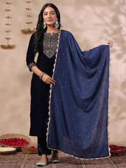Dhiyona IS Women's Ethnic Motifs Thread Work Notch Neck Velvet Yoke Design Kurta With Trouser & Dupatta