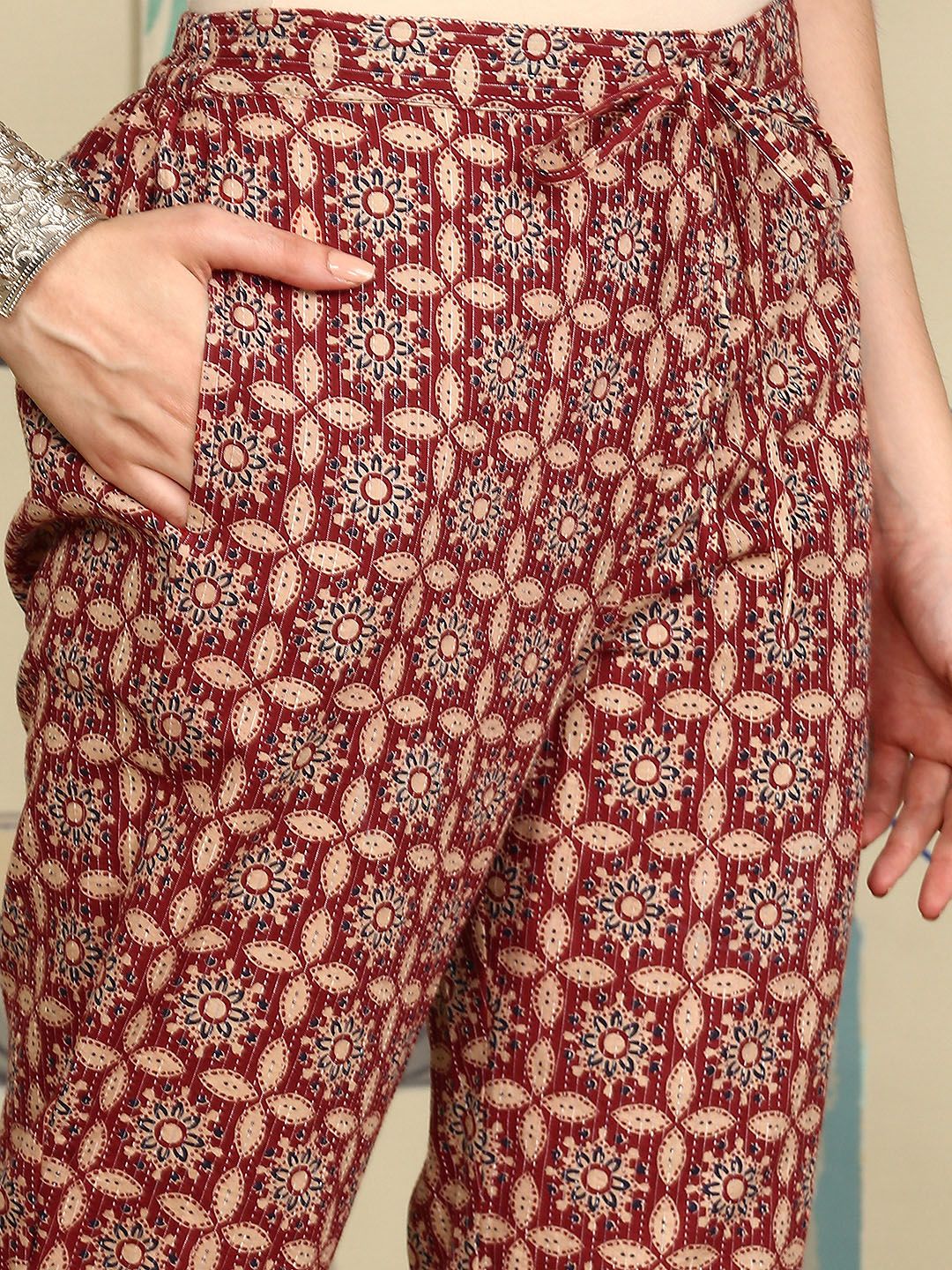 Dhiyona IS Women's Maroon Ethnic Motifs Printed High Slit Chanderi Cotton A-Line Kurta With Trousers