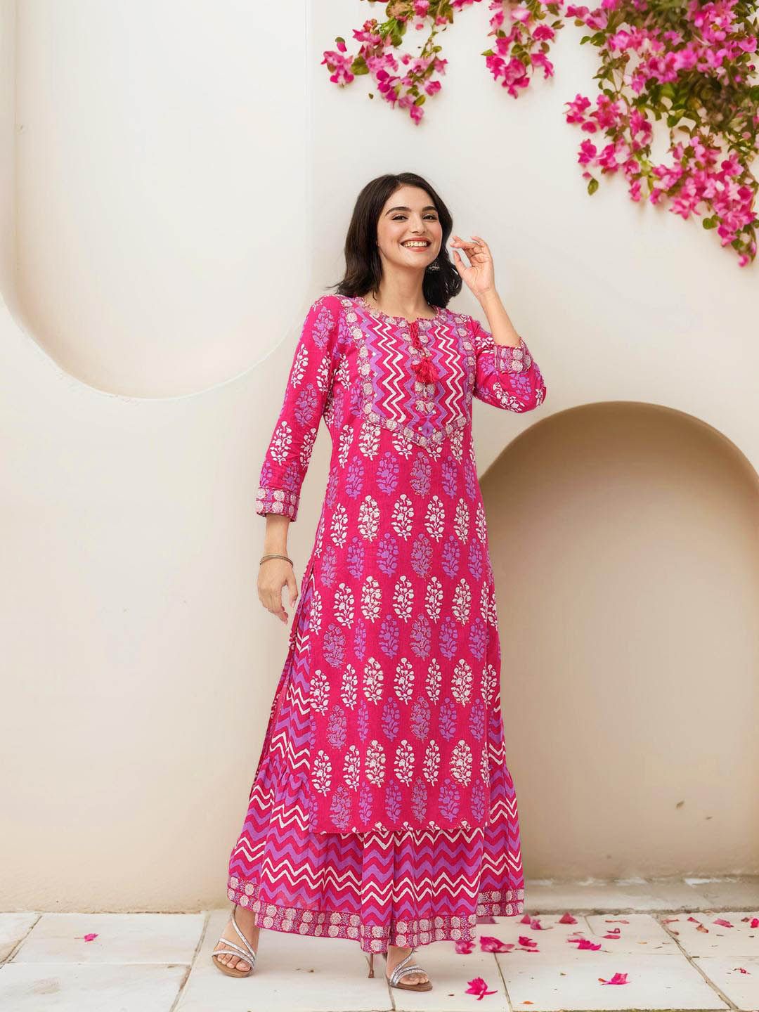 Dhiyona IS Women's Ethnic Motifs Printed Thread Work Pure Cotton Straight Kurta With Skirt