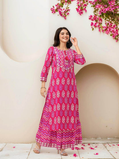 Dhiyona IS Women's Ethnic Motifs Printed Thread Work Pure Cotton Straight Kurta With Skirt