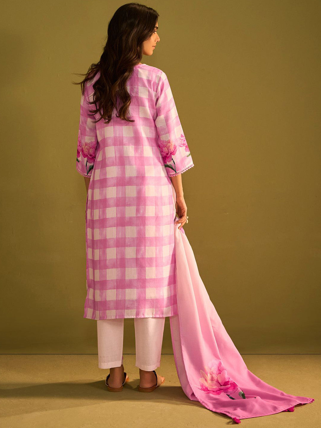 Checked V-Neck Linen Straight Kurta With Trousers & Dupatta