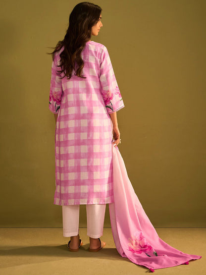 Checked V-Neck Linen Straight Kurta With Trousers & Dupatta