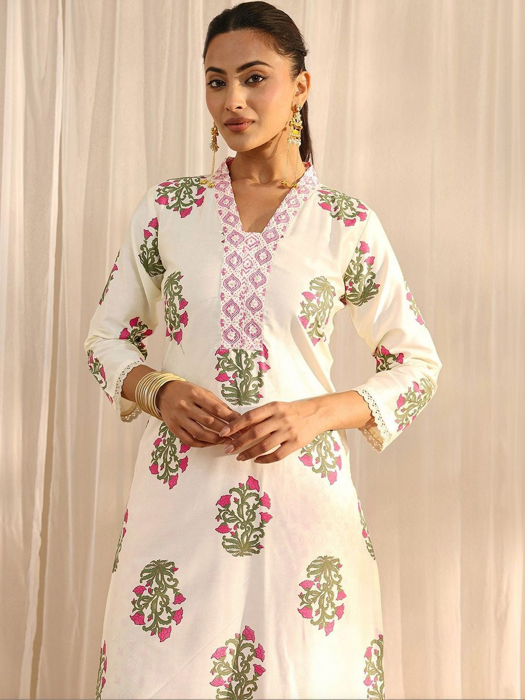 Off White Floral Printed Chanderi Silk Straight Suit Set with Dupatta