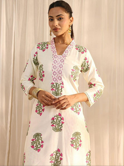 Off White Floral Printed Chanderi Silk Straight Suit Set with Dupatta