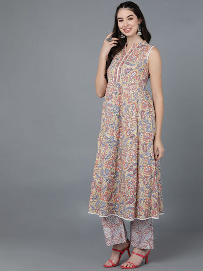 Dhiyona KL Floral Printed Pure Cotton Anarkali Kurta with Trousers & Dupatta