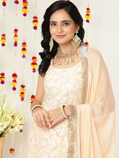 Dhiyona VA Floral Embroidered Sequinned Straight Kurta & Sharara With Dupatta