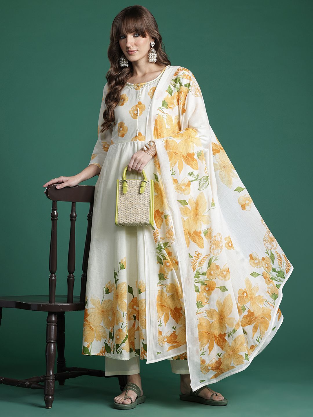 Dhiyona IE Floral Printed Empire Pure Cotton Kurta with Trousers & Dupatta