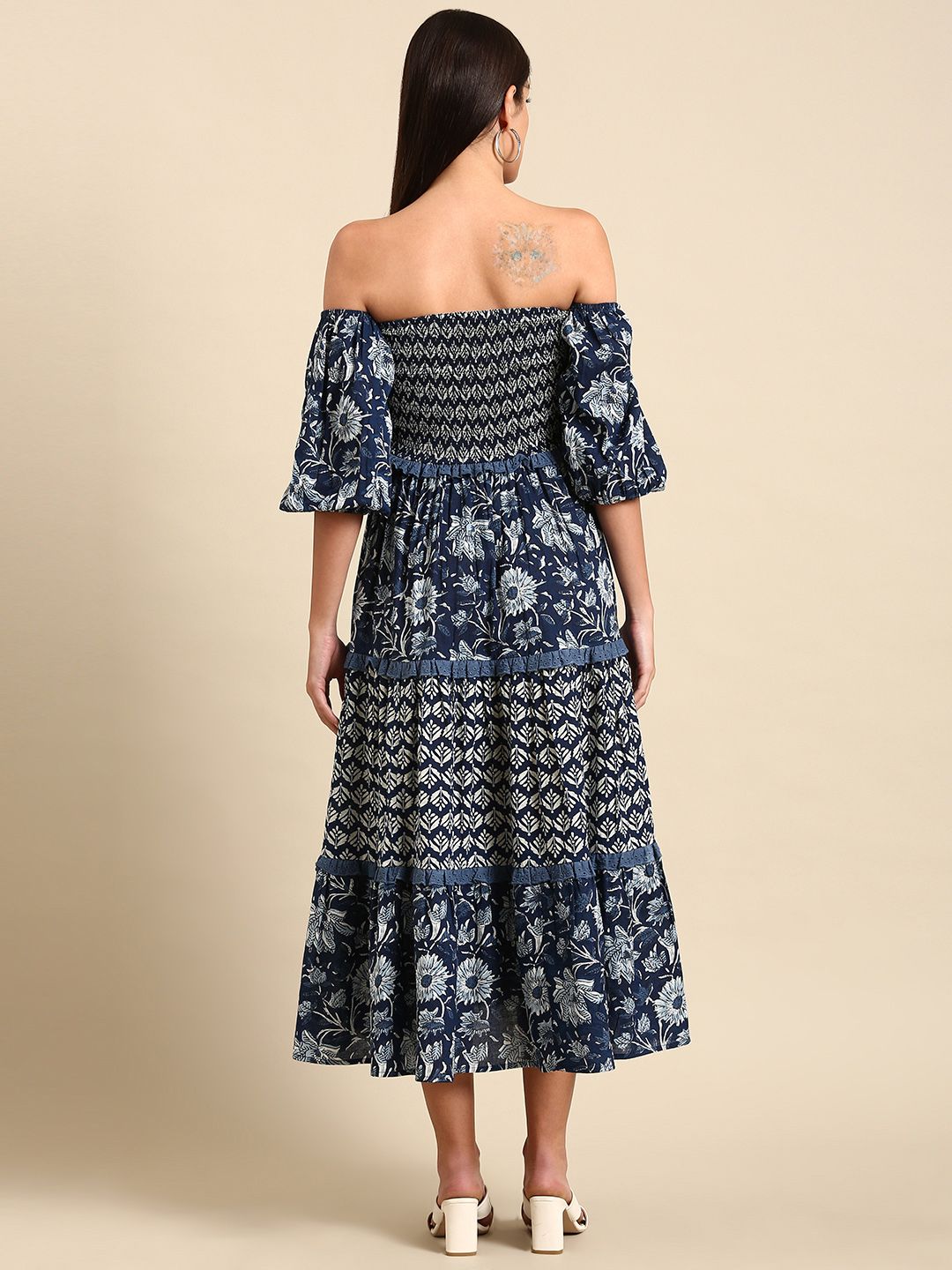 Dhiyona AY Women's Blue Floral Ethnic A-Line Cotton Midi Ethnic Dress