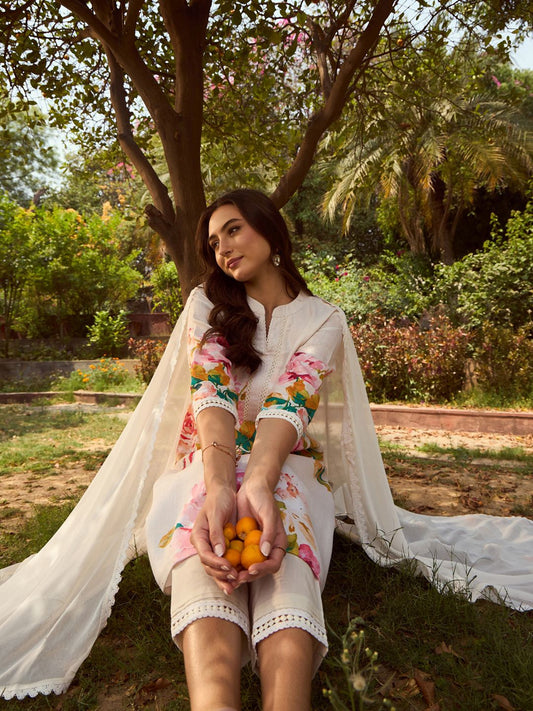 Dhiyona IE Mandarin Collar Floral Printed Beads and Stones Kurta with Trouser & Dupatta