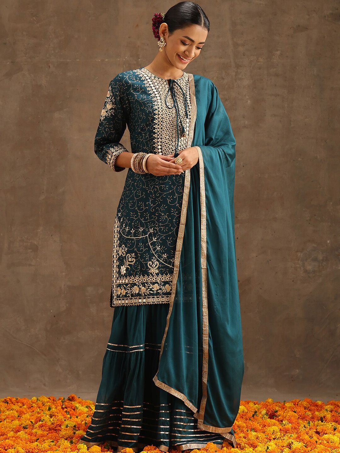 Dhiyona LL Womens Teal Yoke Design Straight Kurta With Sharara & Dupatta