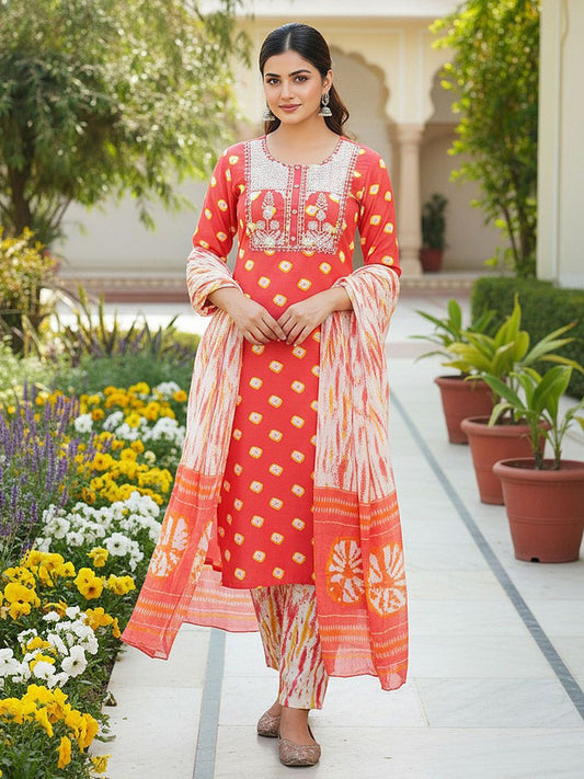Dhiyona KL Bandhani Printed Thread Work Straight Kurta with Trousers & Dupatta