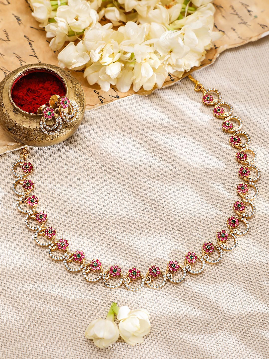 Dhiyona RJ Women's 22K Gold-Plated Pink & Green Stone CubicZirconia Necklace Set with Matching Earring