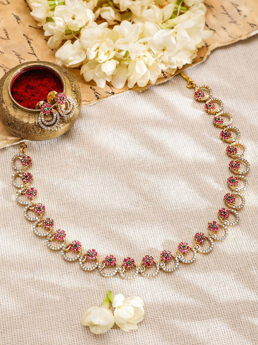 Dhiyona RJ Women's 22K Gold-Plated Pink & Green Stone CubicZirconia Necklace Set with Matching Earring