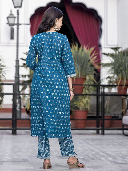 Dhiyona KL Women Turquoise Blue Printed Cotton Kurta with Trousers With Dupatta