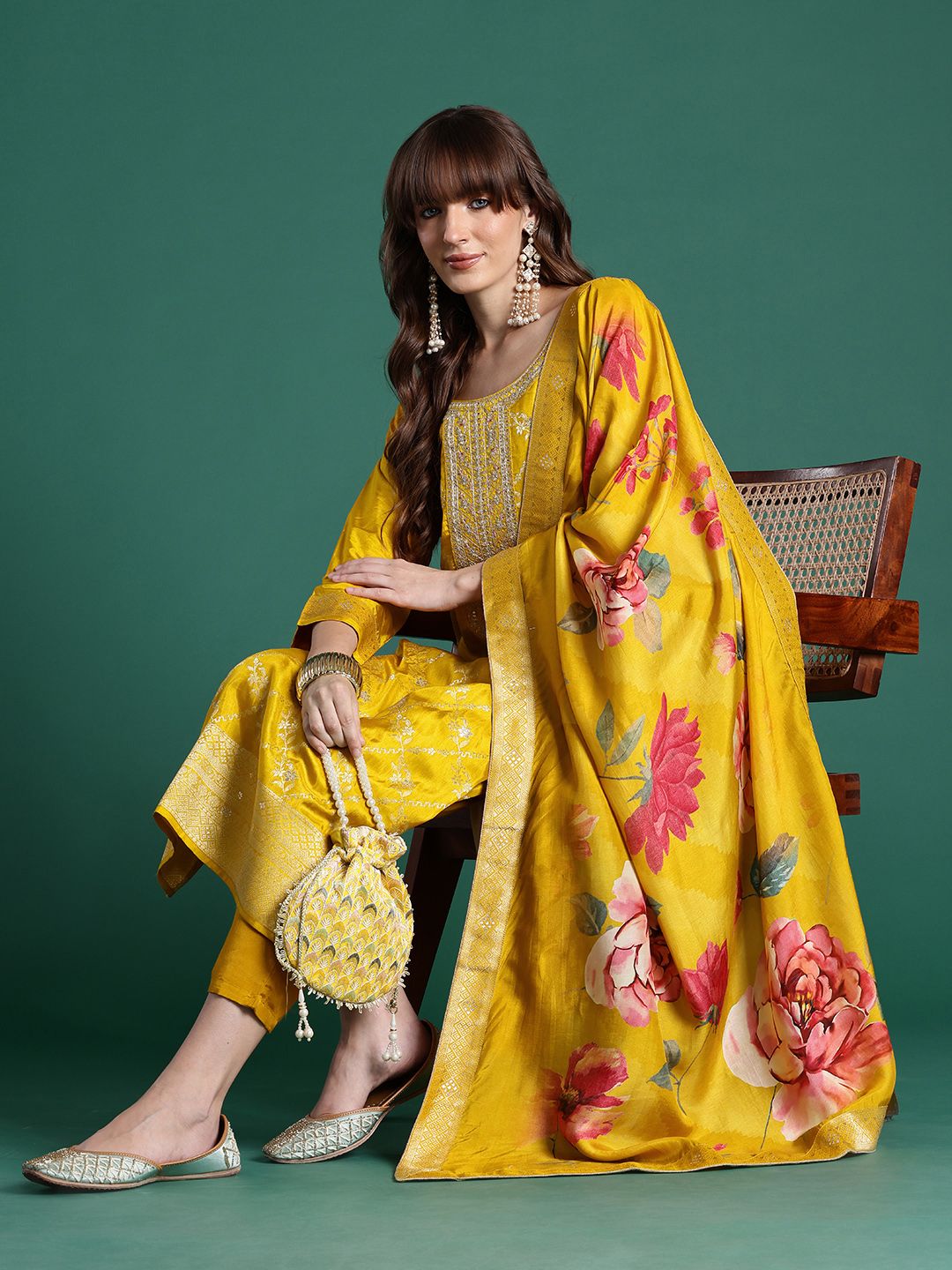 Ethnic Motifs Yoke Design Thread Work Kurta With Trousers & Dupatta