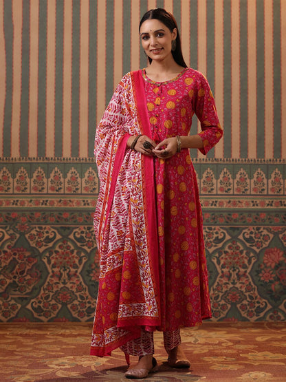 Dhiyona RR Women's Fuchsia Floral Printed Pure Cotton Kurta with Trousers & With Dupatta