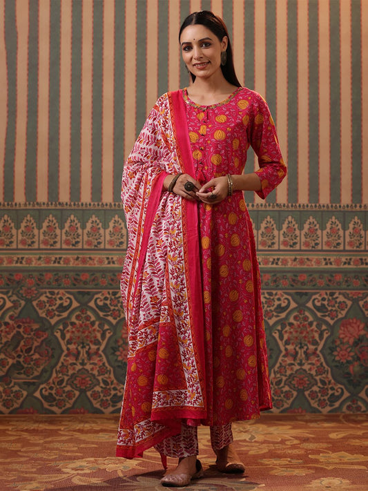 Dhiyona RR Women's Fuchsia Floral Printed Pure Cotton Kurta with Trousers & With Dupatta