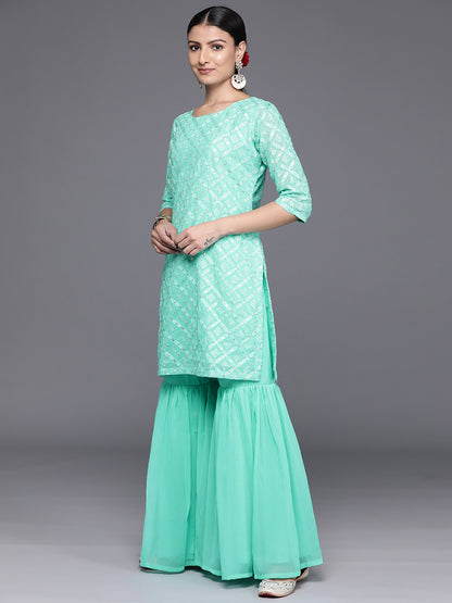 Womens Sea Green Embroidered Georgette Straight Kurti With Sharara & Dupatta