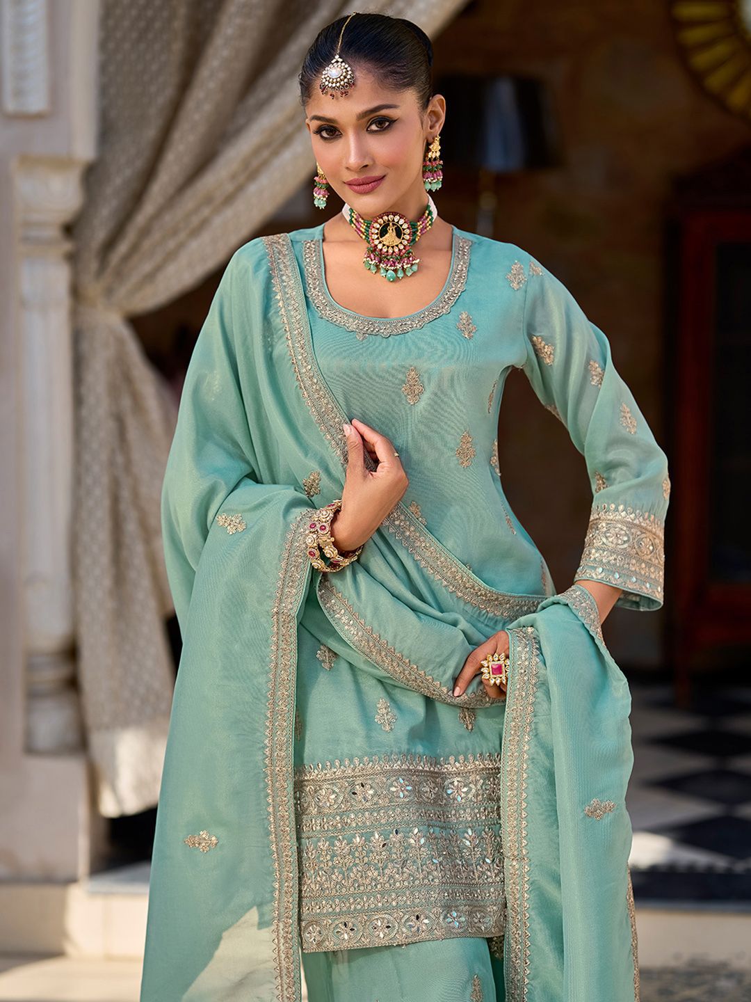 Dhiyona IE Women Ethnic Motifs Embroidered Regular Sequinned Kurta & Trousers & Dupatta