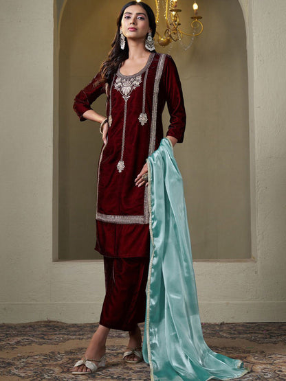 Women Velvet Embroidery Straight Kurta Pant With Dupatta Set